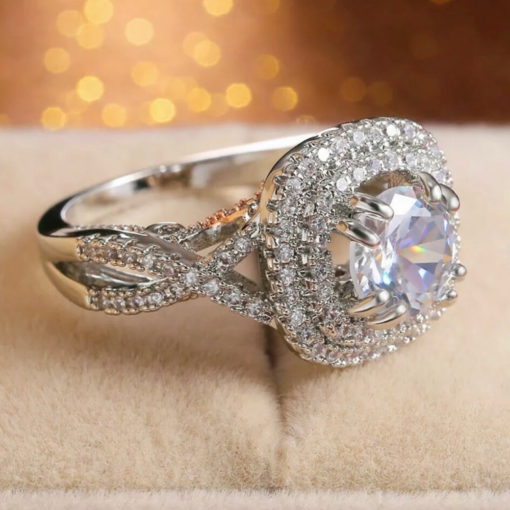 Sterling silver rose gold round cut solitaire halo wedding ring white Sapphires - Picture 4 of 11
